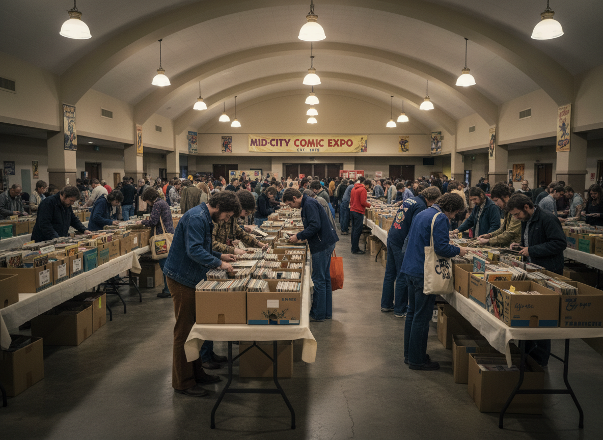 Wide photograph of a bustling vintage comic book convention hall with rows of tables and back-issue bins.