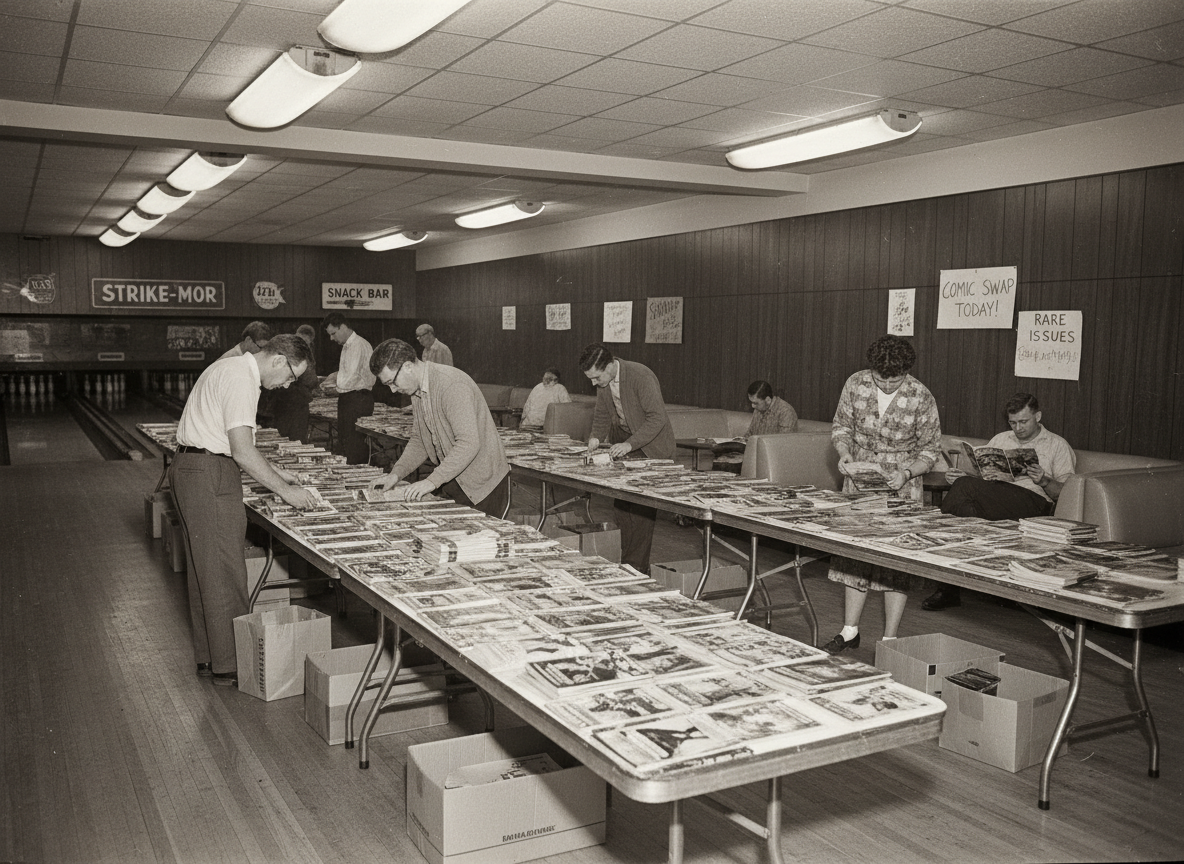 Archival black and white photograph of a bowling alley interior set up for a small comic book swap meet.